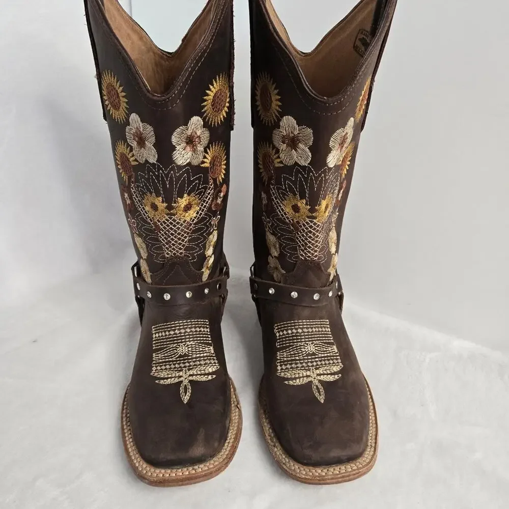 Women's Brown Embroidered Western Cowboy Boots Floral Sunflower Leather Harness